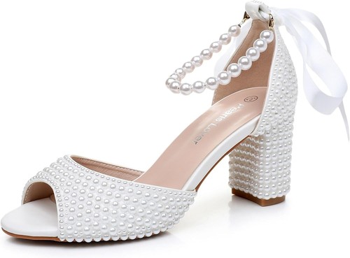 3 Inches Women Open Toe Sandals Square High Heels Banquet White 7,