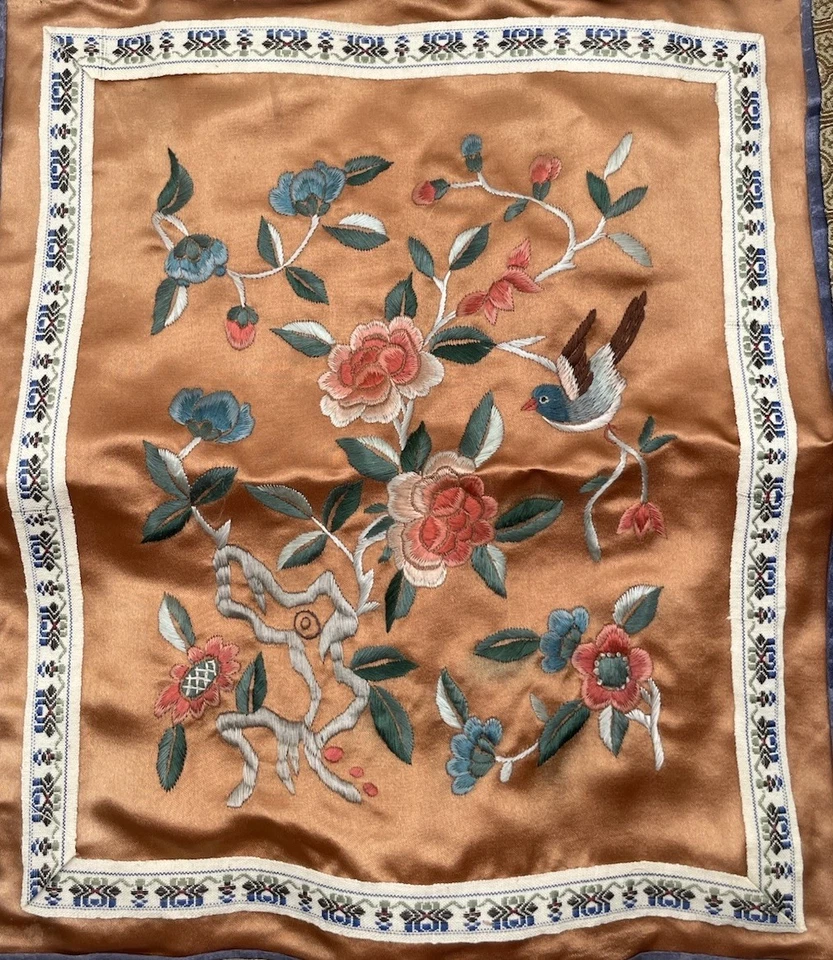 Vintage Dun Huang Silk Pillow Cover Embroidered Birds Flowers Beijing China - Image 2 of 4