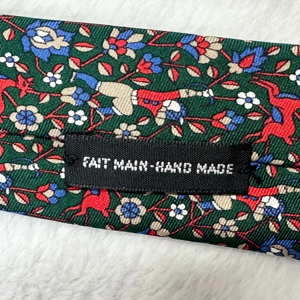 Corbata Alain Figaret Paris Seda Floral Arquero Ciervo Hecha en Francia Verde Rojo Foto 3 de 4