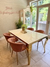 Louis 160cm Glass & Gold Dining Table With 4 Pink Kendall Velvet Chairs Dunelm