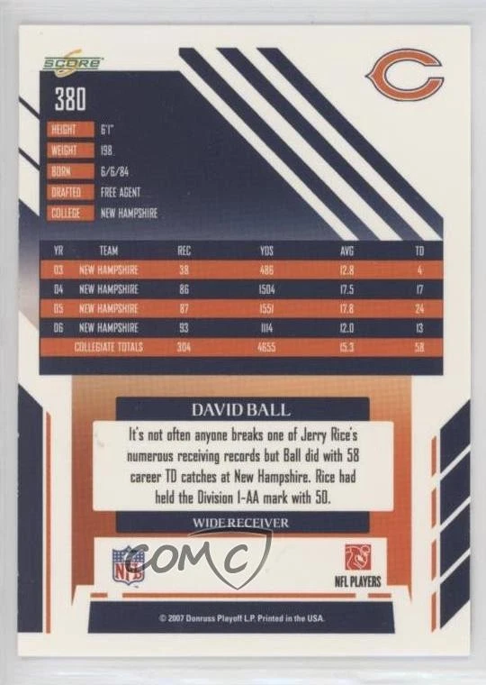 2007 Score Rookie Factory Set Update David Ball #380 Rookie RC - Image 2 of 2