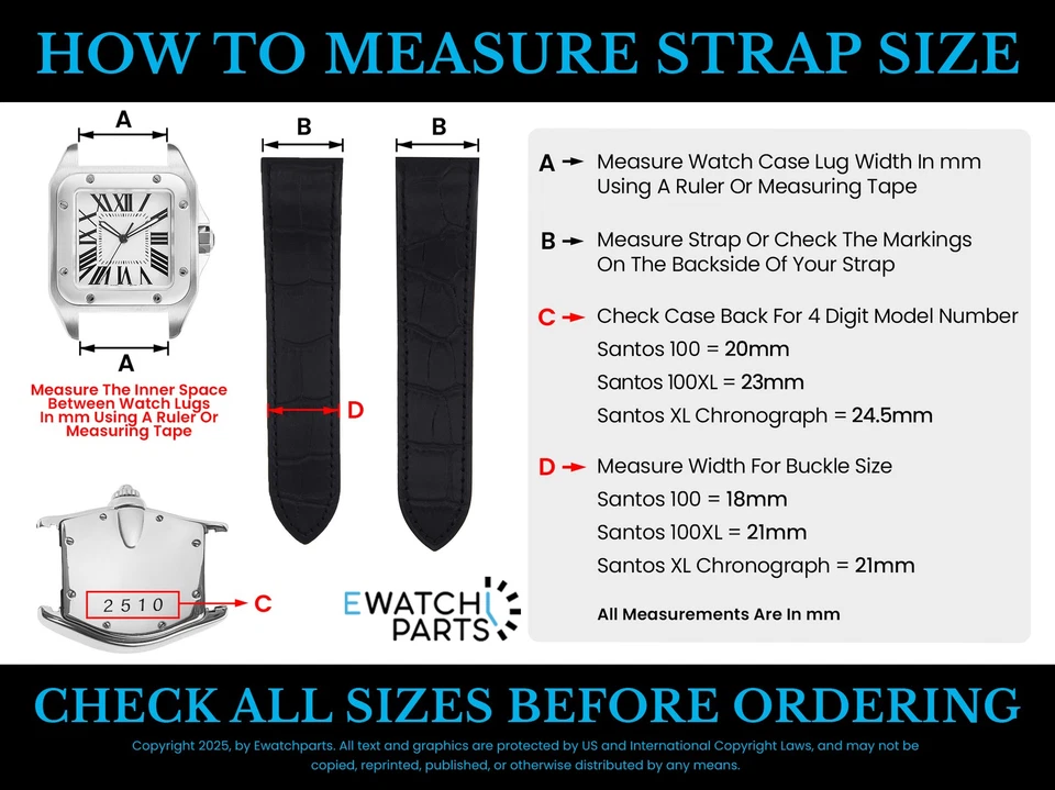 Pulseira de relógio de couro 20-23-24,5 mm para cronógrafo Cartier Santos 100 GG - Imagem 2 de 4