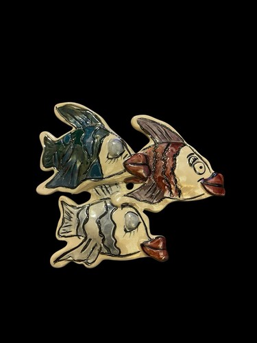 Blue Sky Pottery Kissy Fish Heather Goldminc Hanging Plaque 5.5” Vintage 2000