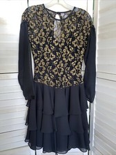 Gold and Black Sparkle Glitter Ballroom Ruffle Dress Cocktail Formal Sz Small
