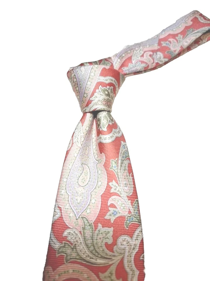 Gravata Breuer 100% seda rosa escuro com paisleys em rosa, verde, roxo, nova sem etiquetas - Imagem 4 de 4