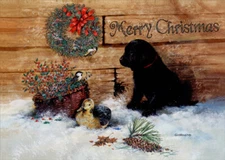 Black Lab Puppy in Snow  Giordano Box of 14 Deluxe Glitter Christmas Cards