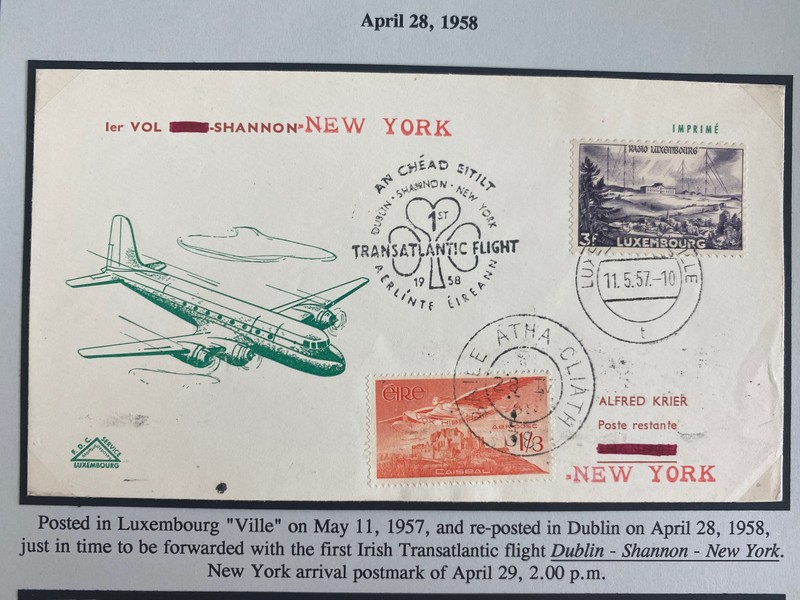 1957 Luxembourg First Trans Atlantic Flight Cover to New York USA via Ireland