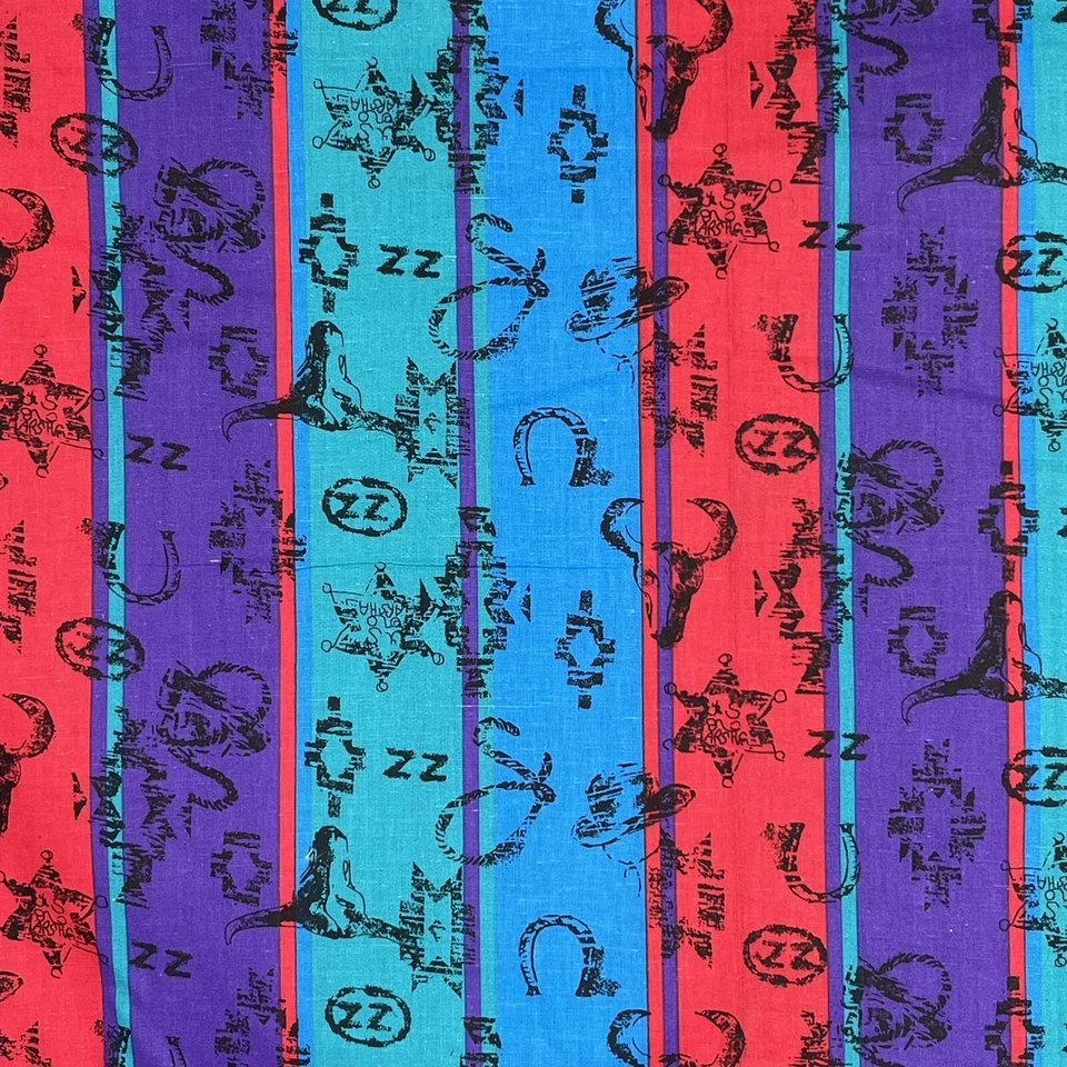 Vtg Western Print Fabric Steer Badge Stripes Red Purple Teal Cotton 3Yds x 45" - Image 2 of 4