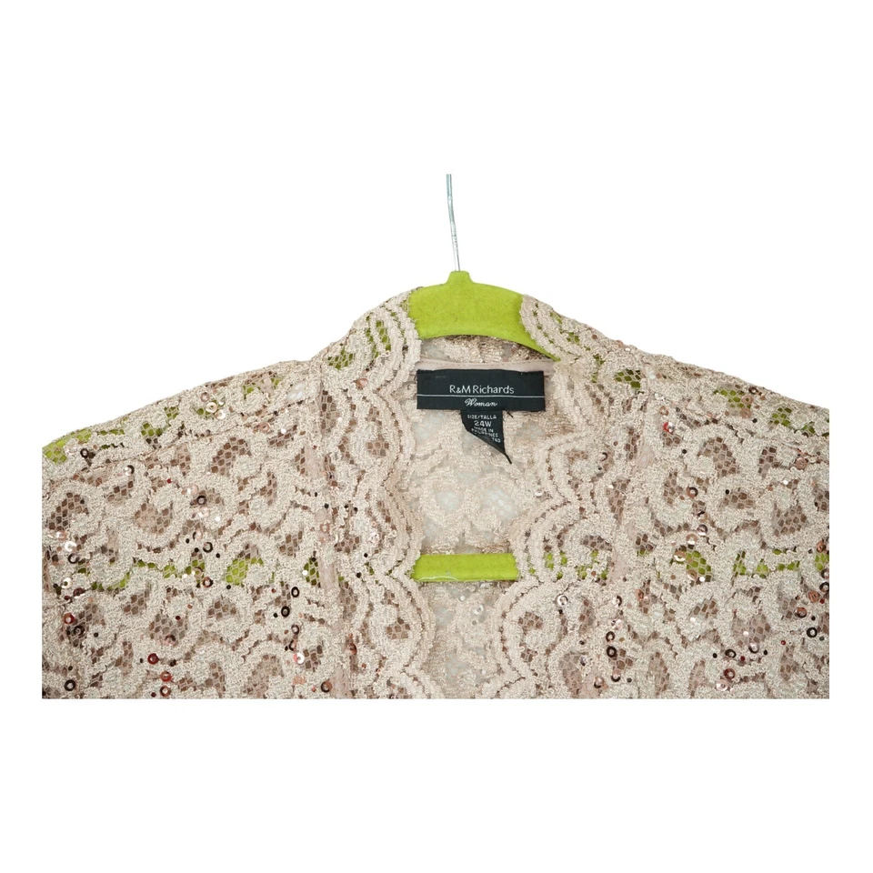 Jaqueta de coquetel formal nova com etiquetas R&M Richards cinza claro crochê lantejoulas tamanho 24W - Imagem 3 de 4