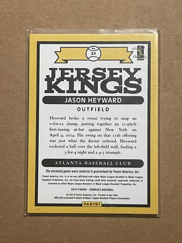 Tarjeta firmada 2014 Donruss Jersey Kings Jason Heyward Atlanta Braves #31 Foto 2 de 2
