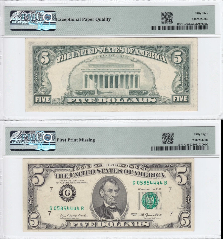 1977 $5 Federal Reserve Note Consecutive Pair 1 Missing First Print Error PMG - Image 2 of 4