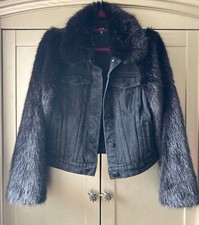 By Very Black Grey Denim Jacket Faux Fur Collar Sleeve Aviator Uk 10