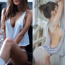 Sexy Women T-shirt Deep V-Neck Sleeveless Tank Short Beach Basic Tops Side Open