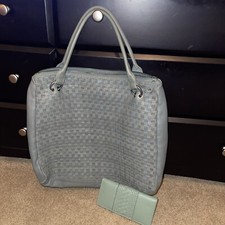 Nwot Made In Italy Leather Woven Sage Green Shoulder Tote & Matching Wallet