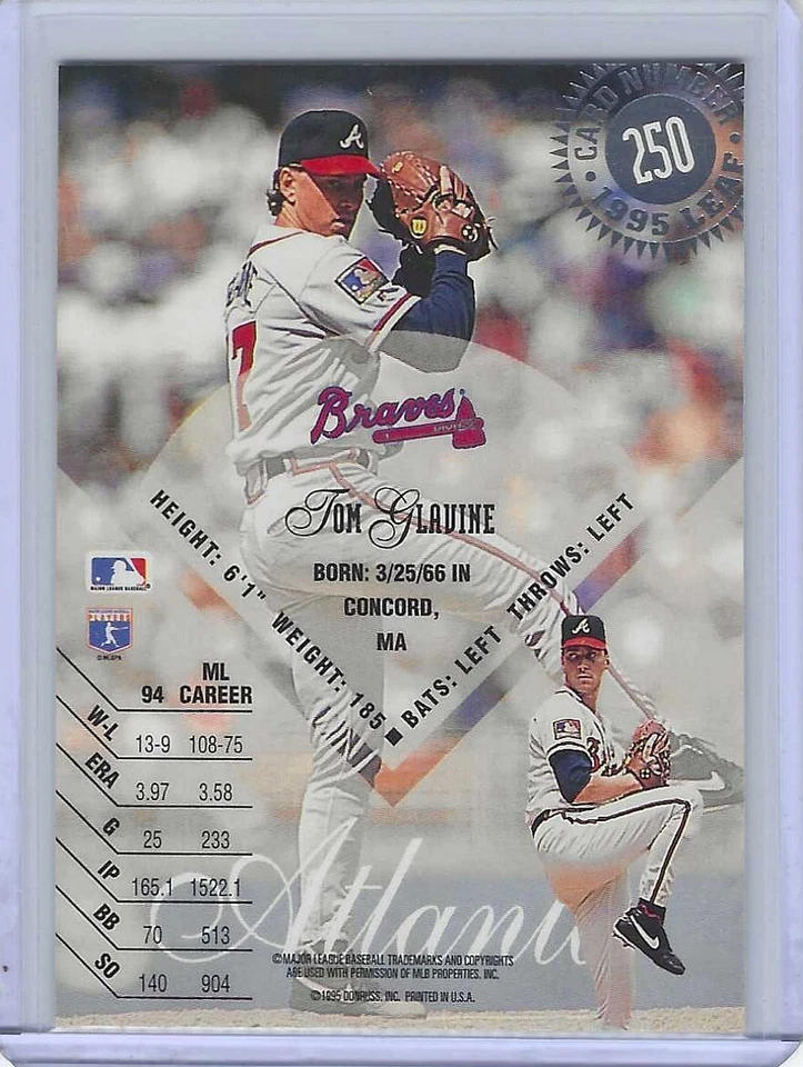 HOF  TOM GLAVINE  1995  LEAF   #250   BRAVES / FREE SHIP - Image 2 of 2