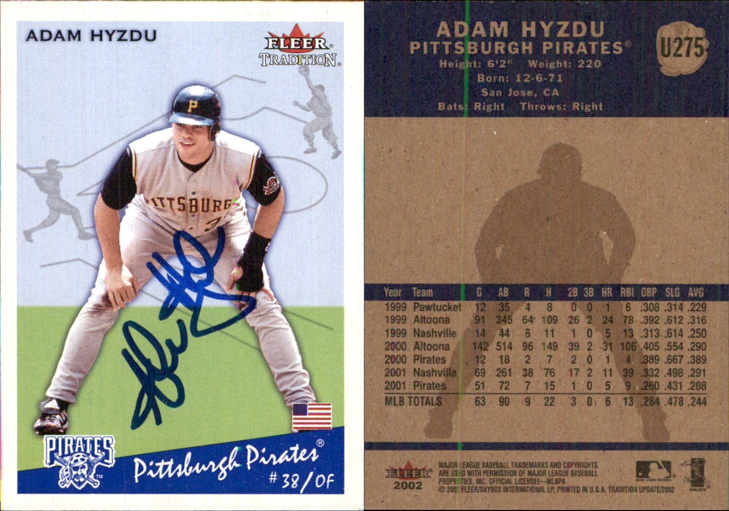 Adam Hyzdu Signed 2002 Fleer Tradition Update #U275 Card Pittsburgh Pirates AU