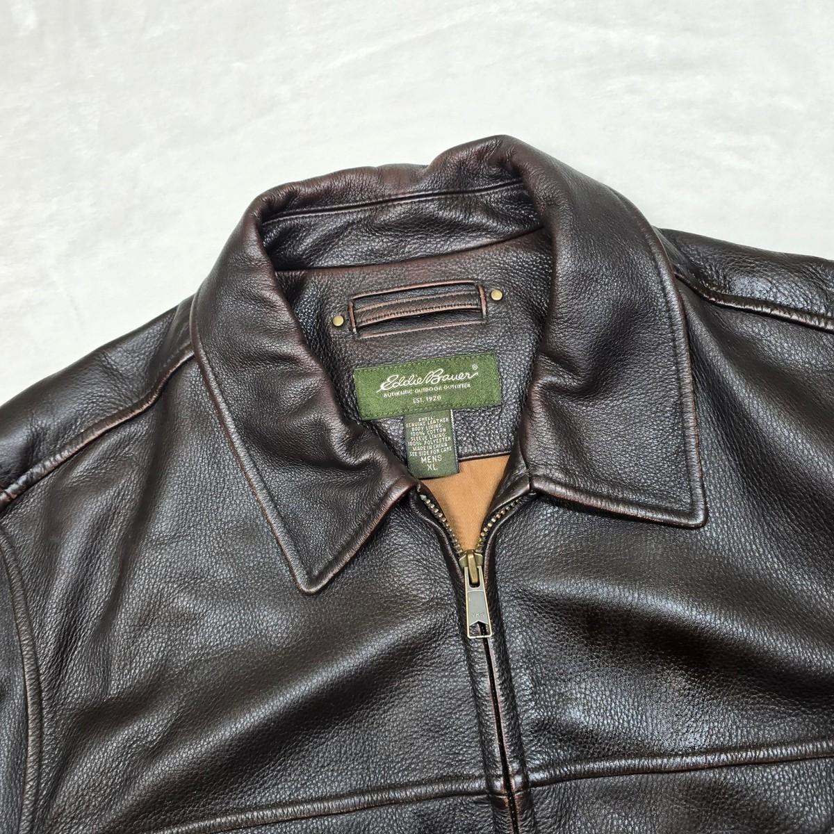 Eddie Bauer Leather Jacket Mens XL Brown Full Zip Bomber Fligher