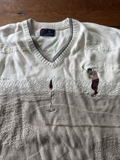 Vintage 80s Isle of Cotton V-Neck Golf Sweater Large Made In USA Intarsia Knit