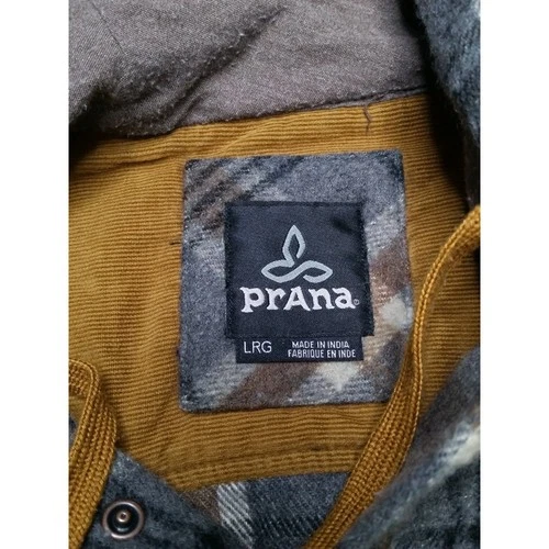PrAna Asgard Men's L Gray Brown Plaid Hooded Flannel Jacket Snap Front image 8