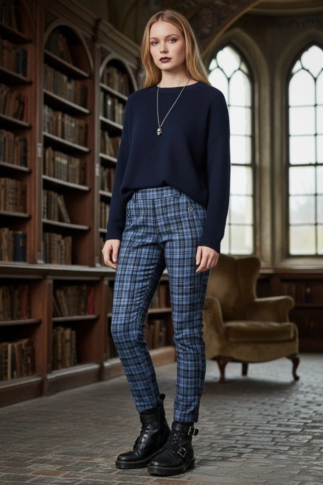 Pantalones ajustados Anthropologie para mujer azules a cuadros talla 8 al tobillo estilo academia preppy Foto 3 de 4