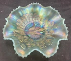 AWESOME VINTAGE CARNIVAL NORTHWOOD PASTEL AQUA OPAL PEACOCKS ON THE FENCE  BOWL