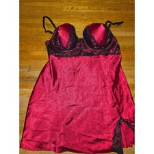 Red Satin Lace Trim Babydoll Chemise Underwire Lingerie Nightgown Size Large