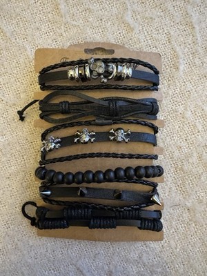 Brand New Unisex Bracelet Set - Emo Y2K Black Skull & Leather (6 Pack)