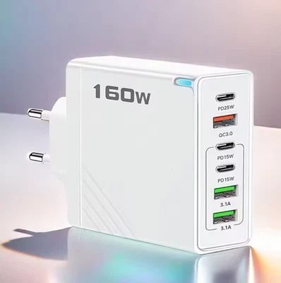 MARKENLOS 160W USB Ladegerät Mehrfach Schnellladegerät | 6 Ports (USB-C & USB-A) | PD & QC