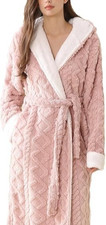 New L Pink Jacquard Plush Bathrobe ROBE Short Midi Furry Hooded WRAP Tie Pockets