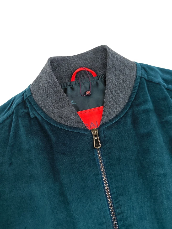 $3800 ISAIA NAPOLI Petrol Blue Bomber Jacket Velvet Cotton / Linen 38 US / 48 EU - Image 4 of 4