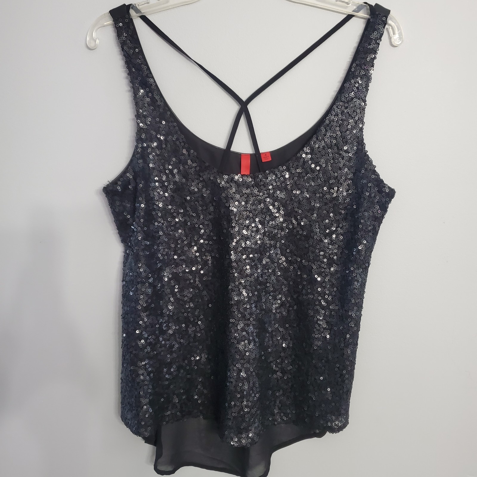 Saks 5th Ave 548 Woman's Black Sequin Layering Top Mock Leather Back Sz 4 Party
