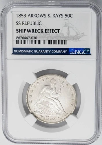 1853 Seated Liberty Half 50c Arrows & Rays SS Republic Shipwreck Effect NGC