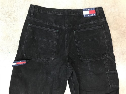 Vintage Tommy Hilfiger Black Carpenter Jeans Mens 38x30 Flag Baggy Denim Y2K
