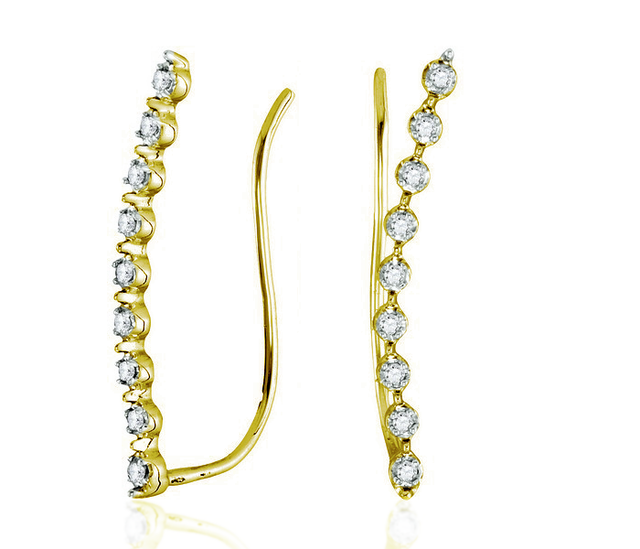 10K White Gold Diamond Climbing Earrings .05ct Slender Curved Ear