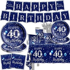 142 Pcs 40th Birthday Tableware Set Decorations Sliver and Blue 40th Happy Bi...