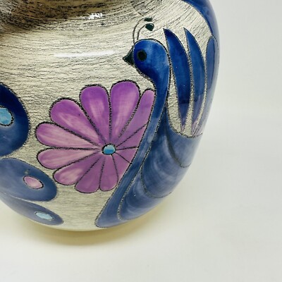 Vintage 1960s Eduardo Vega Hand Painted Peacock Vase Large Signed