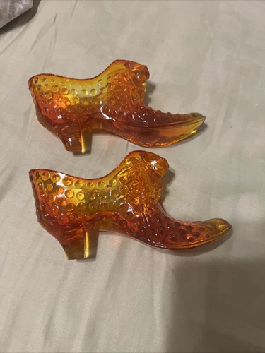 A Pair Of Vintage Authentic Fenton Handmade Hobnail Glass Boot Shoe -2