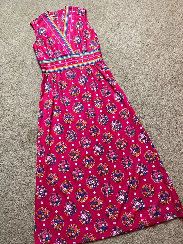 Maxi Vestido Floral Psicodélico Flower Power Vintage Años 60 70 Sin Mangas Rosa Grande Foto 4 de 4