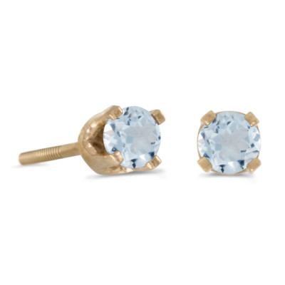 14K zierliche Gelbgold runde Aquamarin Kinder Schraub Ohrstecker