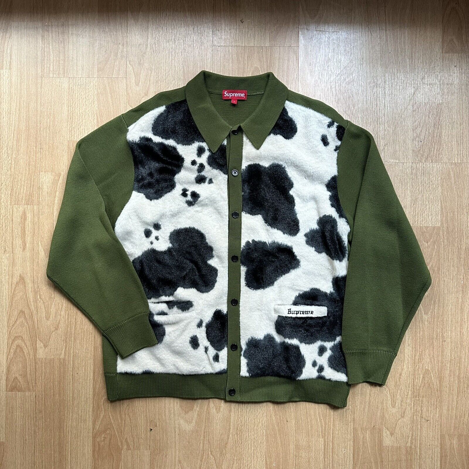 FW21 Supreme Cow Print Cardigan Moss*Green*Size Large*Pre-Owned