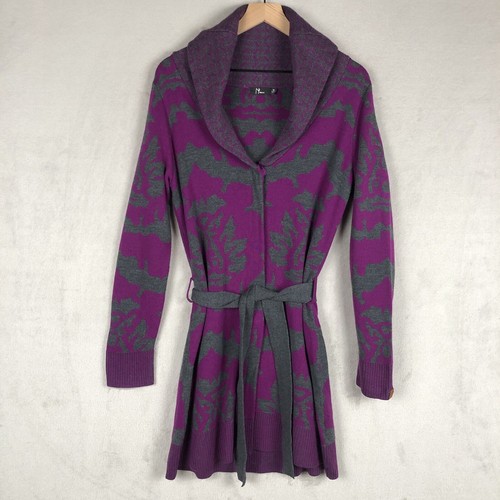 NEVE 100% Merino Wool Snap Cardigan Sweater Women's Sz M Gray Purple Tie Waist