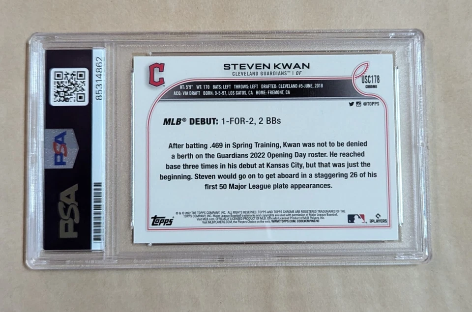 Steven Kwan Topps Chrome Rookie Debut 2022 #USC178 Hand Signed PSA Slabbed - Image 2 of 2