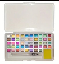 Xileyw Art Supply 48 Pearlescent Watercolor Paint Set w/Brush Pen, Sponge NEW