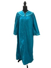 Vintage Teal Ashley Ames Womens 3/4 Zip Front Velour House Coat Satin Trim M