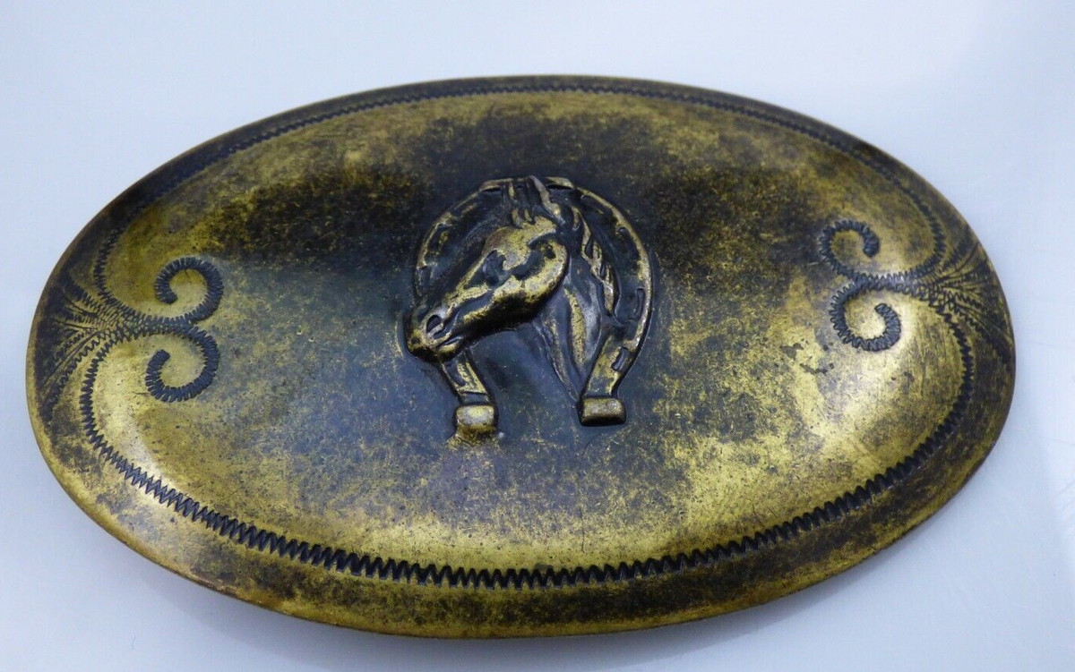 Horse Horseshoe Belt Buckle Gold Tone Metal Oval Equestrian 