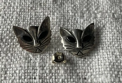 Ohrstecker Silber Katze Augen schwarzer Onyx 80er Vintage - Bild 1 von 4