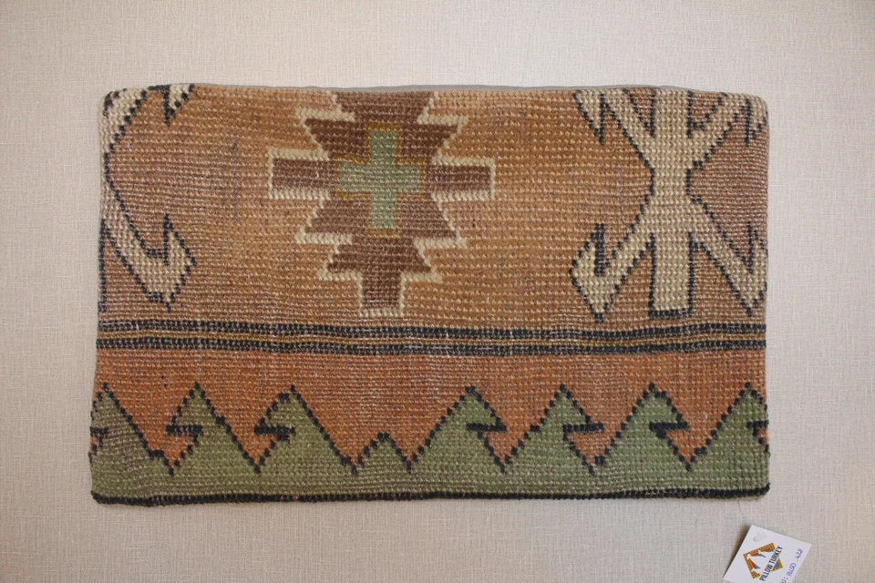 Vintage Turkish Kilim Pillow Cover 16x24 Handmade Brown Green Tribal Cushion - Image 2 of 4