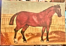 Vintage Folk Art Painting of a Horse on Wood Panel 16x24" Naive Primitive 1950s