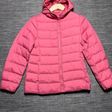 Uniqlo Puffer Jacket Girls 11-12 Pink LS Ultra Light Down Alternative Hooded