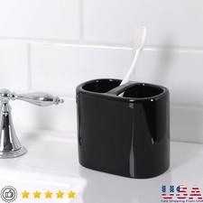 Ceramic Toothbrush Holder Bathroom Organizer Glossy 2 Openings Durable Black New